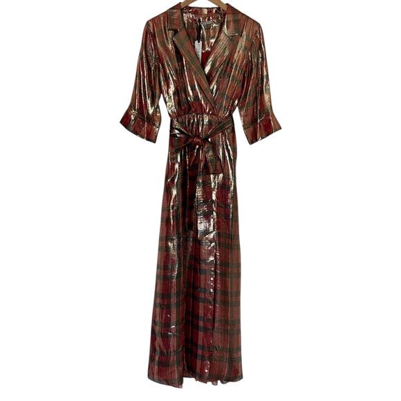 NWT Alice + Olivia Chap Dress Plaid Wrap Metallic Red Tie Waist
Midi Silk Dress - Picture 5 of 10